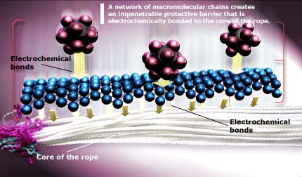 TEFLON的分子鍊組織(藍色表示)，以電氣化學的方式結合於繩芯，形成了一個無法穿破的保護罩。