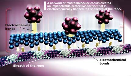 TEFLON的分子鍊組織(藍色表示)，以電氣化學的方式結合於繩外鞘，形成了一個無法穿破的保護罩。
