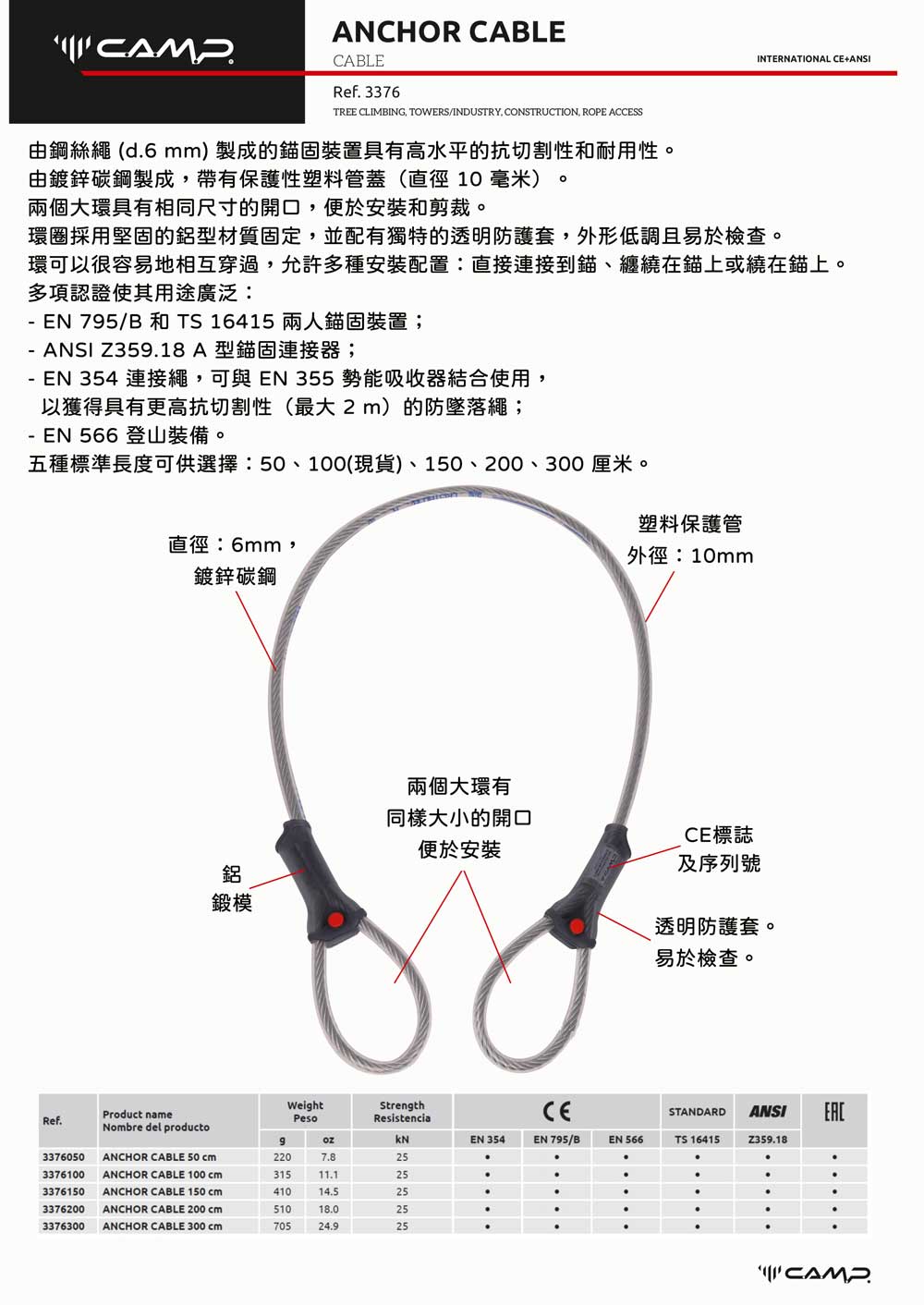 CAMP 3376100 ANCHOR CABLE鋼纜固定點100CM