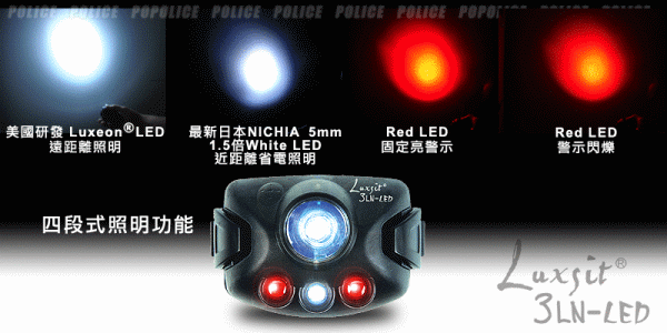 POLICE Luxsit-3LN LED黑蜘蛛頭燈(#HLX-1813A)，四段式照明功能。