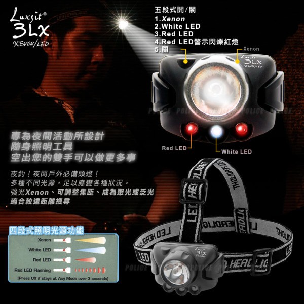 Luxsit 3LX頭燈(#HL-2123A)，專位夜間活動所設計，隨身照明工具。