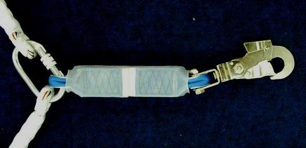 勢能吸收器(緩衝器)：藉由扁帶縫線的撕裂來吸收下墜衝擊力，避免人體於下墜時受傷。